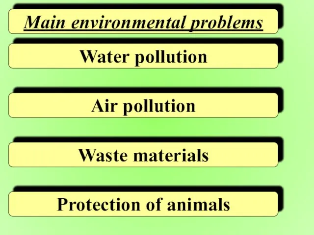 Main environmental problems Water pollution Air pollution Waste materials Protection of animals