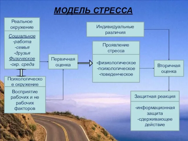 МОДЕЛЬ СТРЕССА Реальное окружение Социальное -работа -семья -друзья Физическое -окр. среда