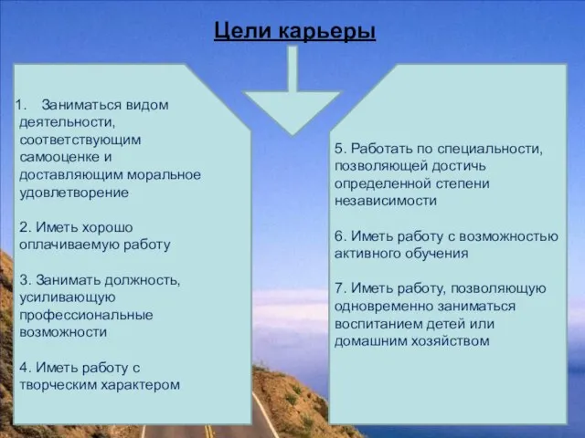 Цели карьеры Заниматься видом деятельности, соответствующим самооценке и доставляющим моральное удовлетворение