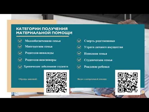 КАТЕГОРИИ ПОЛУЧЕНИЯ МАТЕРИАЛЬНОЙ ПОМОЩИ Малообеспеченная семья Многодетная семья Неполная семья Студенческая