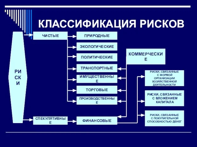 КЛАССИФИКАЦИЯ РИСКОВ РИСКИ СПЕКУЛЯТИВНЫЕ ЧИСТЫЕ КОММЕРЧЕСКИЕ ЭКОЛОГИЧЕСКИЕ ПРИРОДНЫЕ ИМУЩЕСТВЕННЫЕ ТРАНСПОРТНЫЕ ПОЛИТИЧЕСКИЕ