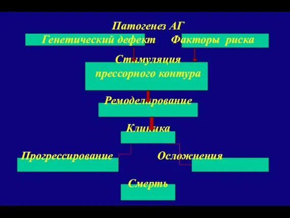 Патогенез АГ Генетический дефект Факторы риска Стимуляция прессорного контура Ремоделирование Клиника Прогрессирование Осложнения Смерть