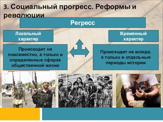 3. Социальный прогресс. Реформы и революции Регресс Локальный характер Временный характер