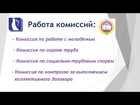 Работа комиссий: - Комиссия по работе с молодежью - Комиссия по