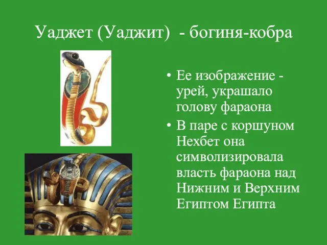 Уаджет (Уаджит) - богиня-кобра Ее изображение - урей, украшало голову фараона