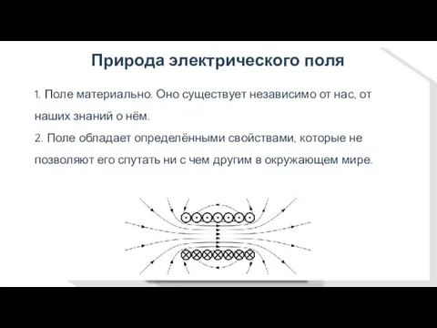 Природа электрического поля 1. Поле материально. Оно существует независимо от нас,