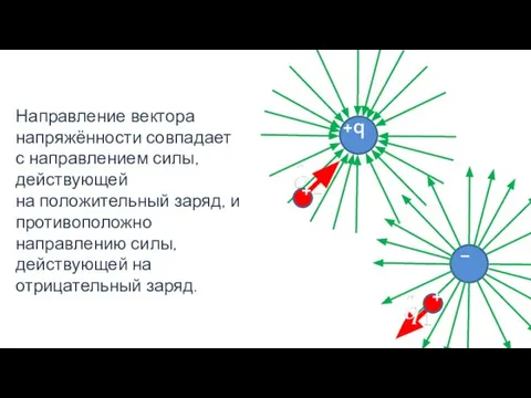 Направление вектора напряжённости совпадает с направлением силы, действующей на положительный заряд,