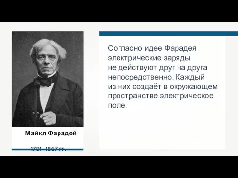 Согласно идее Фарадея электрические заряды не действуют друг на друга непосредственно.