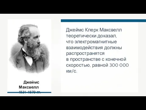 Джеймс Клерк Максвелл теоретически доказал, что электромагнитные взаимодействия должны распространятся в