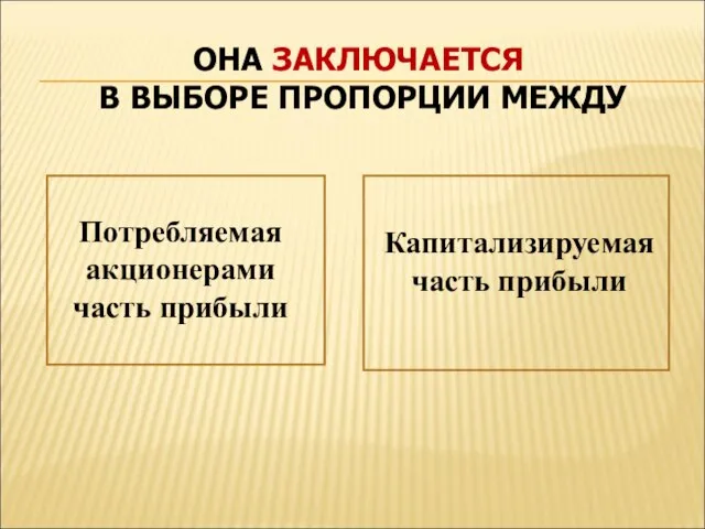 ОНА ЗАКЛЮЧАЕТСЯ В ВЫБОРЕ ПРОПОРЦИИ МЕЖДУ Потребляемая акционерами часть прибыли Капитализируемая часть прибыли