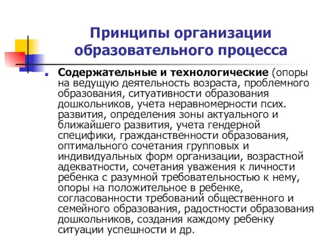 Принципы организации образовательного процесса Содержательные и технологические (опоры на ведущую деятельность