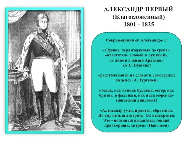 АЛЕКСАНДР ПЕРВЫЙ (Благословенный) 1801 - 1825 Современники об Александре 1: «Сфинкс,