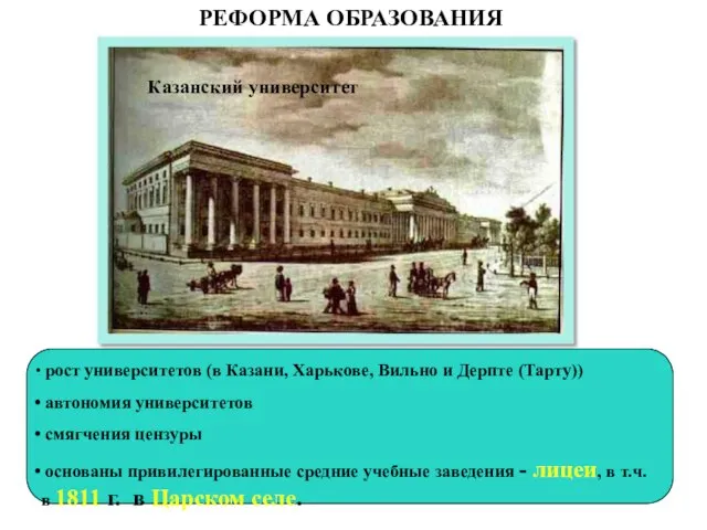 РЕФОРМА ОБРАЗОВАНИЯ Казанский университет рост университетов (в Казани, Харькове, Вильно и