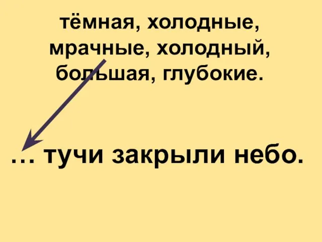 тёмная, холодные, мрачные, холодный, большая, глубокие. … тучи закрыли небо.