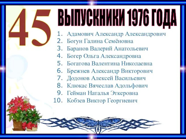 ВЫПУСКНИКИ 1976 ГОДА 45 Адамович Александр Александрович Богун Галина Семёновна Баранов