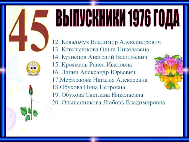 ВЫПУСКНИКИ 1976 ГОДА 45 12. Ковальчук Владимир Александрович 13. Котельникова Ольга