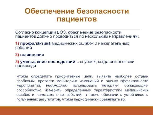 Обеспечение безопасности пациентов Согласно концепции ВОЗ, обеспечение безопасности пациентов должно проводиться