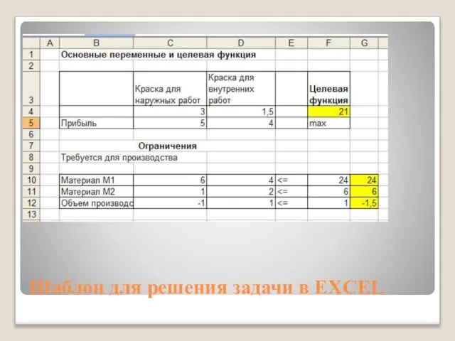 Шаблон для решения задачи в EXCEL