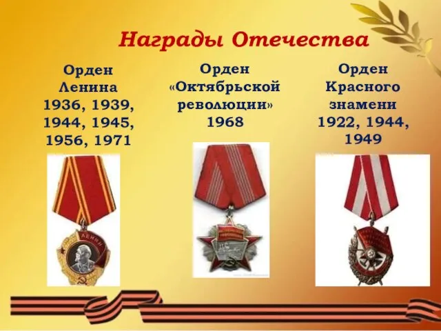 Орден «Октябрьской революции» 1968 Орден Ленина 1936, 1939, 1944, 1945, 1956,