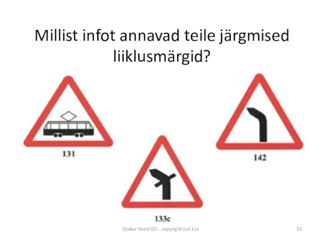 Millist infot annavad teile järgmised liiklusmärgid? Stalker Nord OÜ - copyright Juri Ess