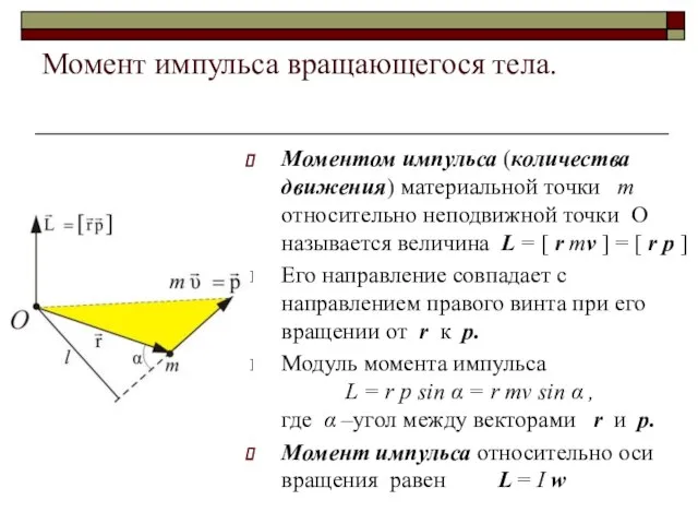 Момент импульса вращающегося тела. Моментом импульса (количества движения) материальной точки m