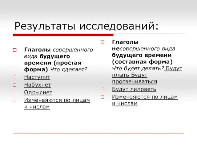 Результаты исследований: Глаголы совершенного вида будущего времени (простая форма) Что сделает?