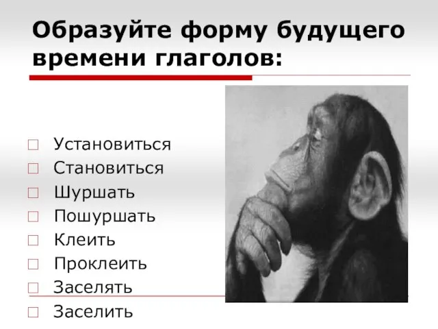 Образуйте форму будущего времени глаголов: Установиться Становиться Шуршать Пошуршать Клеить Проклеить Заселять Заселить