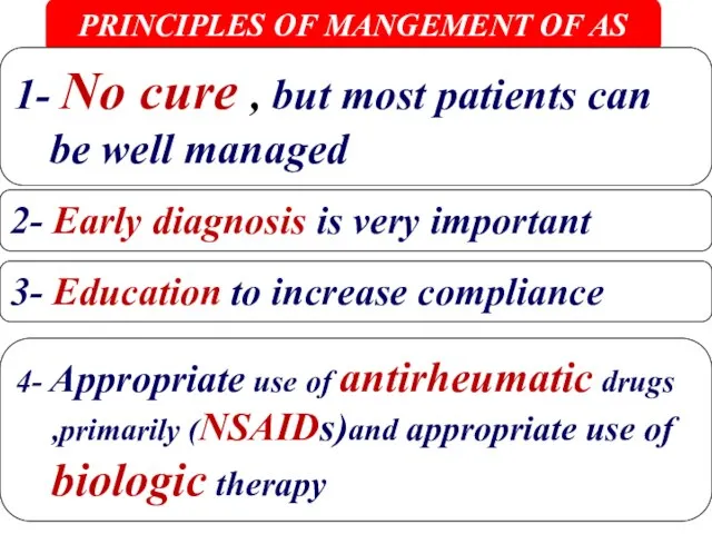 PRINCIPLES OF MANGEMENT OF AS 1- No cure , but most