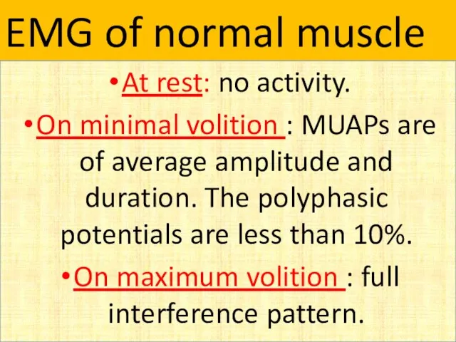 EMG of normal muscle At rest: no activity. On minimal volition