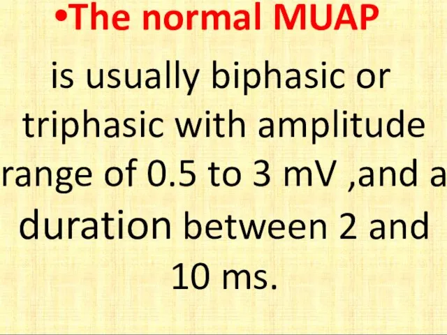 The normal MUAP is usually biphasic or triphasic with amplitude range