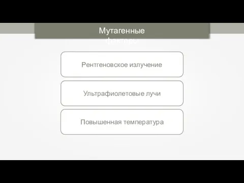 Мутагенные факторы Рентгеновское излучение Ультрафиолетовые лучи Повышенная температура