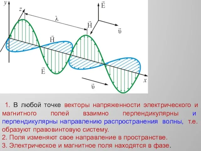 1. В любой точке векторы напряженности электрического и магнитного полей взаимно