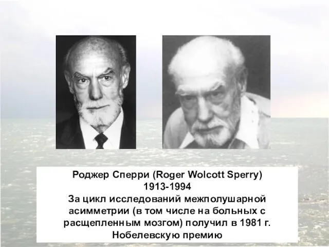 Роджер Сперри (Roger Wolcott Sperry) 1913-1994 За цикл исследований межполушарной асимметрии