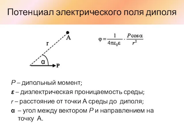 Потенциал электрического поля диполя Р – дипольный момент; ε – диэлектрическая