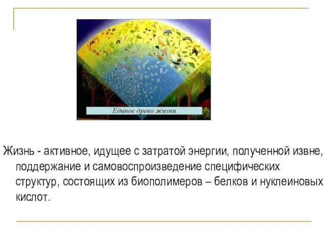 Жизнь - активное, идущее с затратой энергии, полученной извне, поддержание и