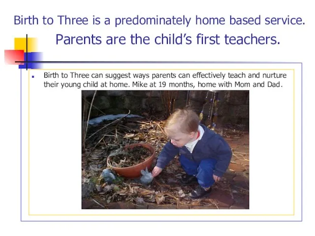 Birth to Three is a predominately home based service. Parents are