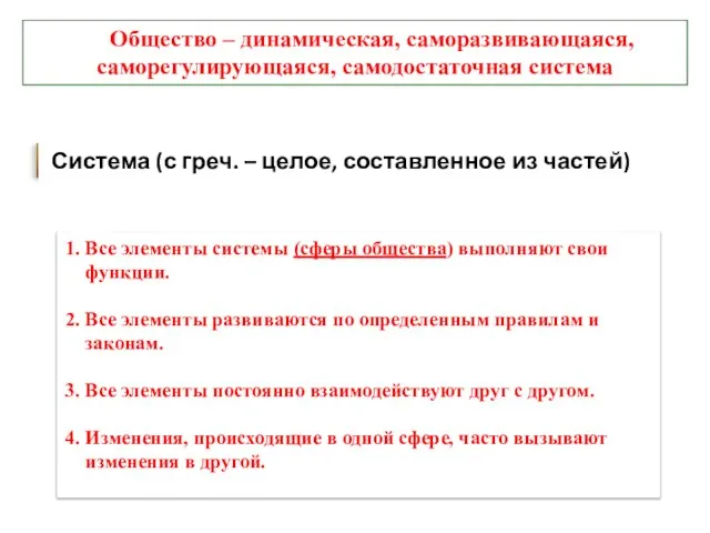 Общество – динамическая, саморазвивающаяся, саморегулирующаяся, самодостаточная система 1. Все элементы системы