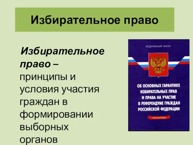 Избирательное право Избирательное право – принципы и условия участия граждан в формировании выборных органов