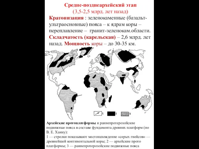 Средне-позднеархейский этап (3,5-2,5 млрд. лет назад) Кратонизация : зеленокаменные (базальт-ультраосновные) пояса