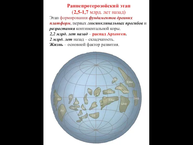 Раннепротерозойский этап (2,5-1,7 млрд. лет назад) Этап формирования фундаментов древних платформ,