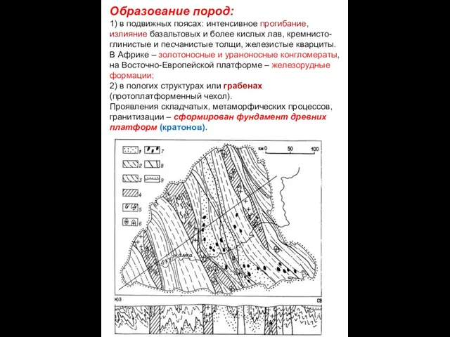 Образование пород: 1) в подвижных поясах: интенсивное прогибание, излияние базальтовых и