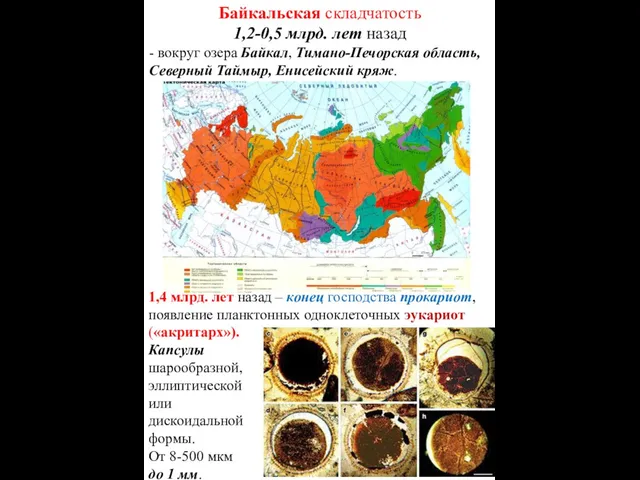 Байкальская складчатость 1,2-0,5 млрд. лет назад - вокруг озера Байкал, Тимано-Печорская