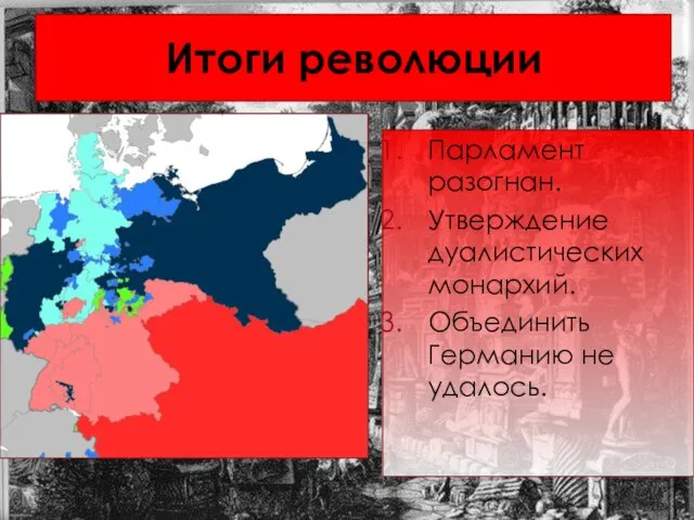 Итоги революции Парламент разогнан. Утверждение дуалистических монархий. Объединить Германию не удалось.