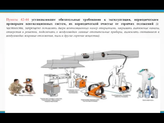 Пункты 42-44 устанавливают обязательные требования к эксплуатации, периодическим проверкам вентиляционных систем,