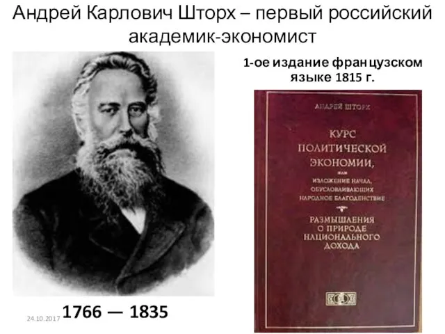 Андрей Карлович Шторх – первый российский академик-экономист 1766 — 1835 1-ое