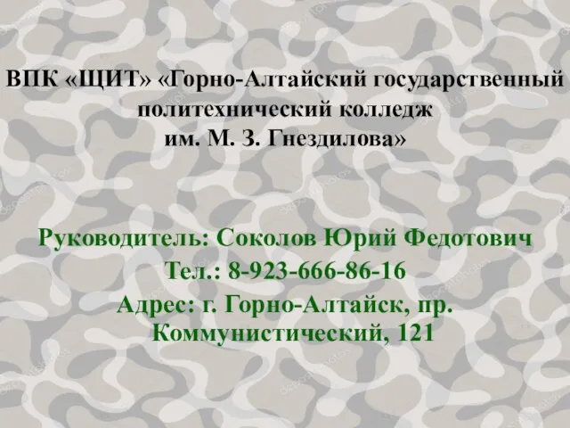 ВПК «ЩИТ» «Горно-Алтайский государственный политехнический колледж им. М. З. Гнездилова» Руководитель: