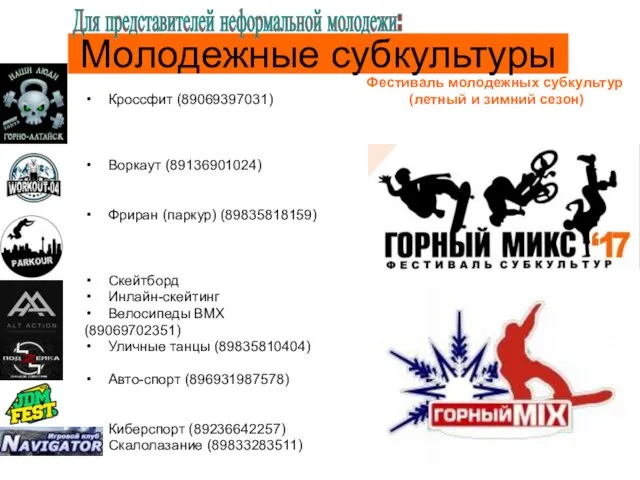 Молодежные субкультуры Кроссфит (89069397031) Воркаут (89136901024) Фриран (паркур) (89835818159) Скейтборд Инлайн-скейтинг