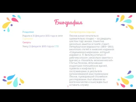 Биография Литературная карьера Лесков начал печататься сравнительно поздно — на двадцать