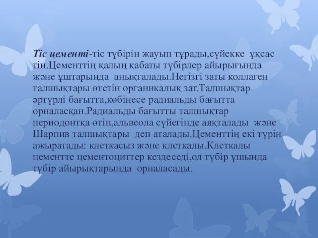 Тіс цементі-тіс түбірін жауып тұрады,сүйекке ұқсас тін.Цементтің қалың қабаты түбірлер айырығында