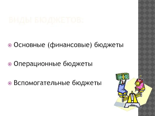 ВИДЫ БЮДЖЕТОВ: Основные (финансовые) бюджеты Операционные бюджеты Вспомогательные бюджеты